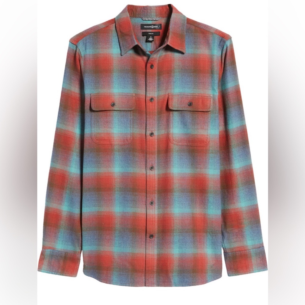 Treasure & Bond Grindle Trim Fit Plaid Flannel Button Up Shirt